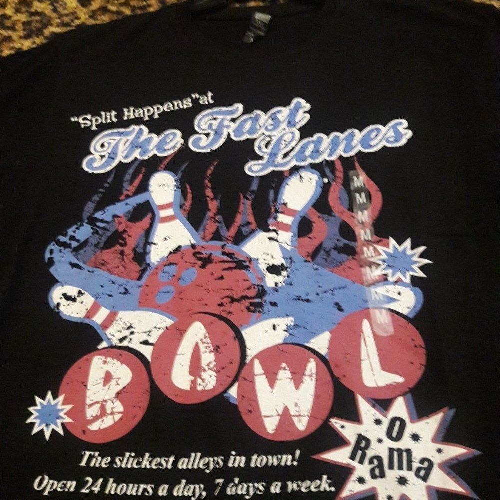 Split $hit Happens O Rama BOWLING Retro T Shirt Black Mens Fast Lanes 24 hours M - Picture 3 of 3